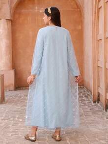 女童传统阿拉伯风格优雅长袍，网纱罩衫，蕾丝领口花卉图案，适合外出、派对、庆典等场合 - 两件套 - 藍色 - 查看 2