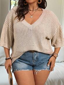 SHEIN CURVE+ 大码纯色V领镂空短袖宽松休闲套头毛衣，适合春夏穿着 - 卡其色 - 查看 5