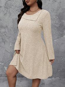 SHEIN LUNE 大码女式纯色圆领长袖纽扣设计休闲连衣裙 - 杏色 - 查看 6