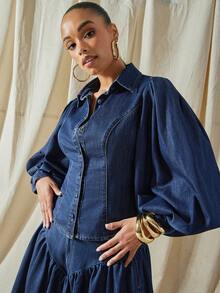 Vixey Balloon Sleeve Button Up Collared Denim Shirt - Dark Wash - View 5