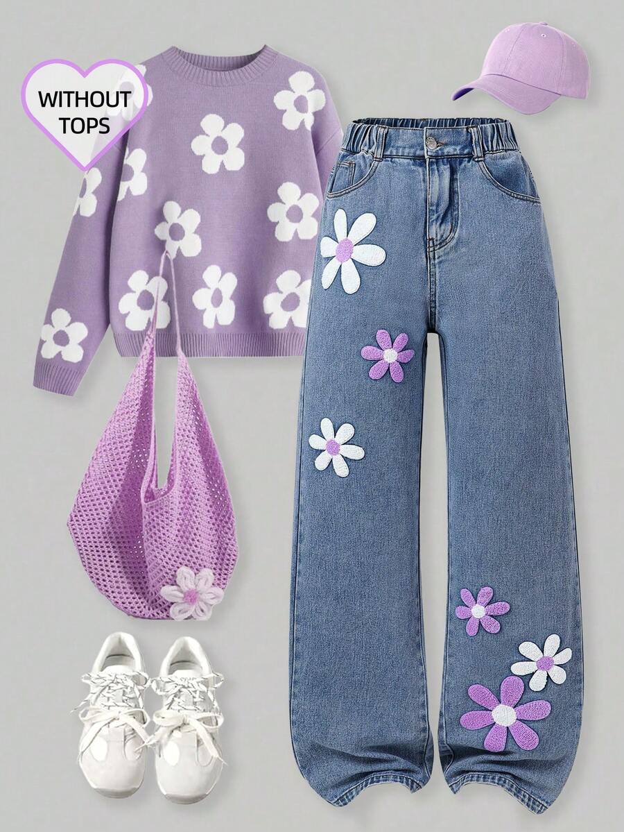 SHEIN ChillGRL 少女复古Y2K花卉植绒贴袋阔腿牛仔裤 - 藍色 - 查看 1