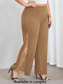 SHEIN PETITE CURVE 加大码黑色优雅高腰阔腿裤，侧开衩设计，蕾丝薄纱拼接，适合日常穿着和通勤，春夏皆宜。 - 駝色 - 查看 1