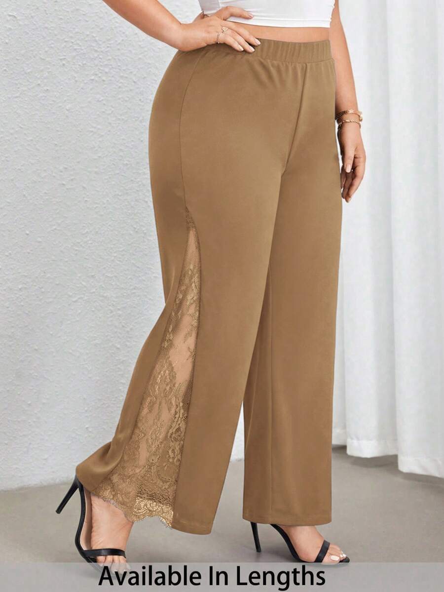 SHEIN PETITE CURVE 加大码黑色优雅高腰阔腿裤,侧开衩设计,蕾丝薄纱拼接,适合日常穿着和通勤,春夏皆宜。 - 駝色 - 查看 1