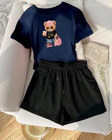 Set de 2 piezas de camiseta y pantalones cortos con estampado de Ositio - Azul Marino - Ver 1