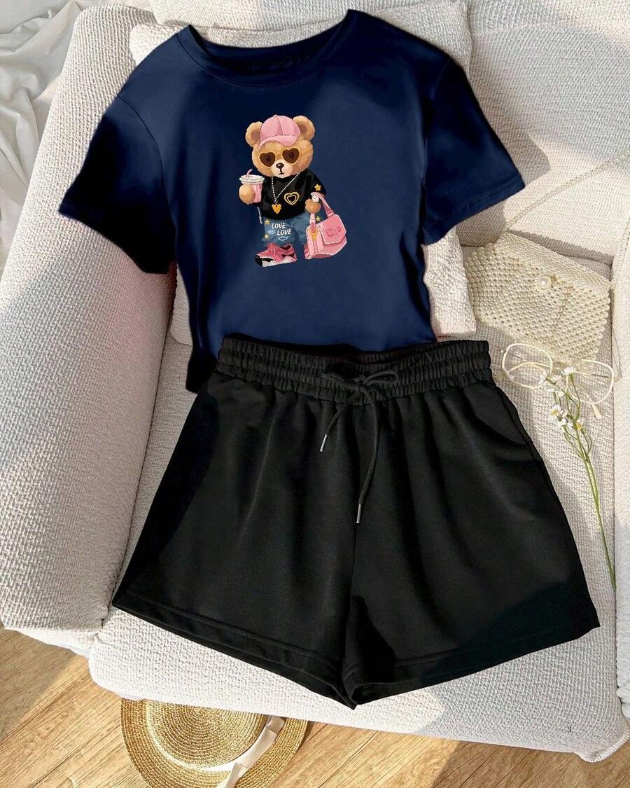 Set de 2 piezas de camiseta y pantalones cortos con estampado de Ositio - Azul Marino - Ver 1