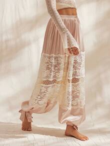 Easelle 复古蕾丝拼接镂空透视浪漫女士长裤 - 杏色 - 查看 8