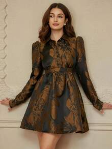 Revavyn Contrast Color Jacquard Fabric Collared Open Front Cinched Waist A-Line Elegant Vintage Versatile Women Long Sleeve Dress - Multicolor - View 1