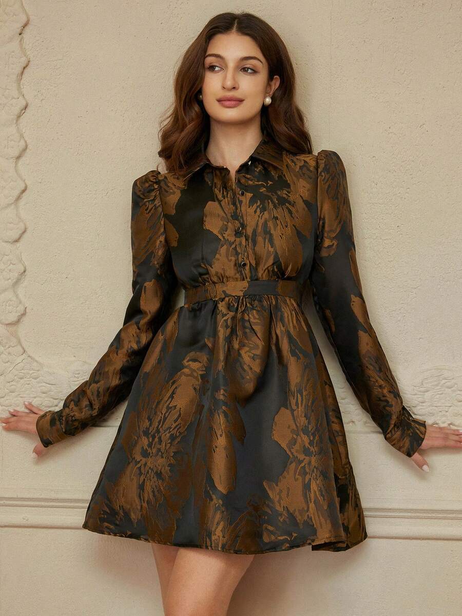 Revavyn Contrast Color Jacquard Fabric Collared Open Front Cinched Waist A-Line Elegant Vintage Versatile Women Long Sleeve Dress - Multicolor - View 1