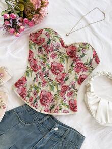 Soleia 女士复古宫廷风彩色花卉提花印花抹胸露脐上衣，带纽扣和后系带 - 彩色 - 查看 3