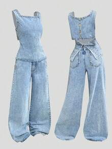 Sweetra Women's Fashionable Casual Denim Outfit - Blue - View 4