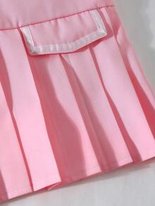 Elladie kids Young Girls Dress, Collegiate Style, Versatile, Petite Collar Design In Pink & White, Classic & Elegant, Ribbon & Bow Decor For Cute & Playful Look, Pleated Hem, Suitable For School, Events, And Everyday Wear - Pink - View 8