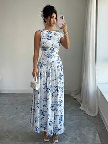 Elenzga Women's Floral Print Ruched Asymmetric Shoulder Elegant Vacation Dress - Blue and White - View 3