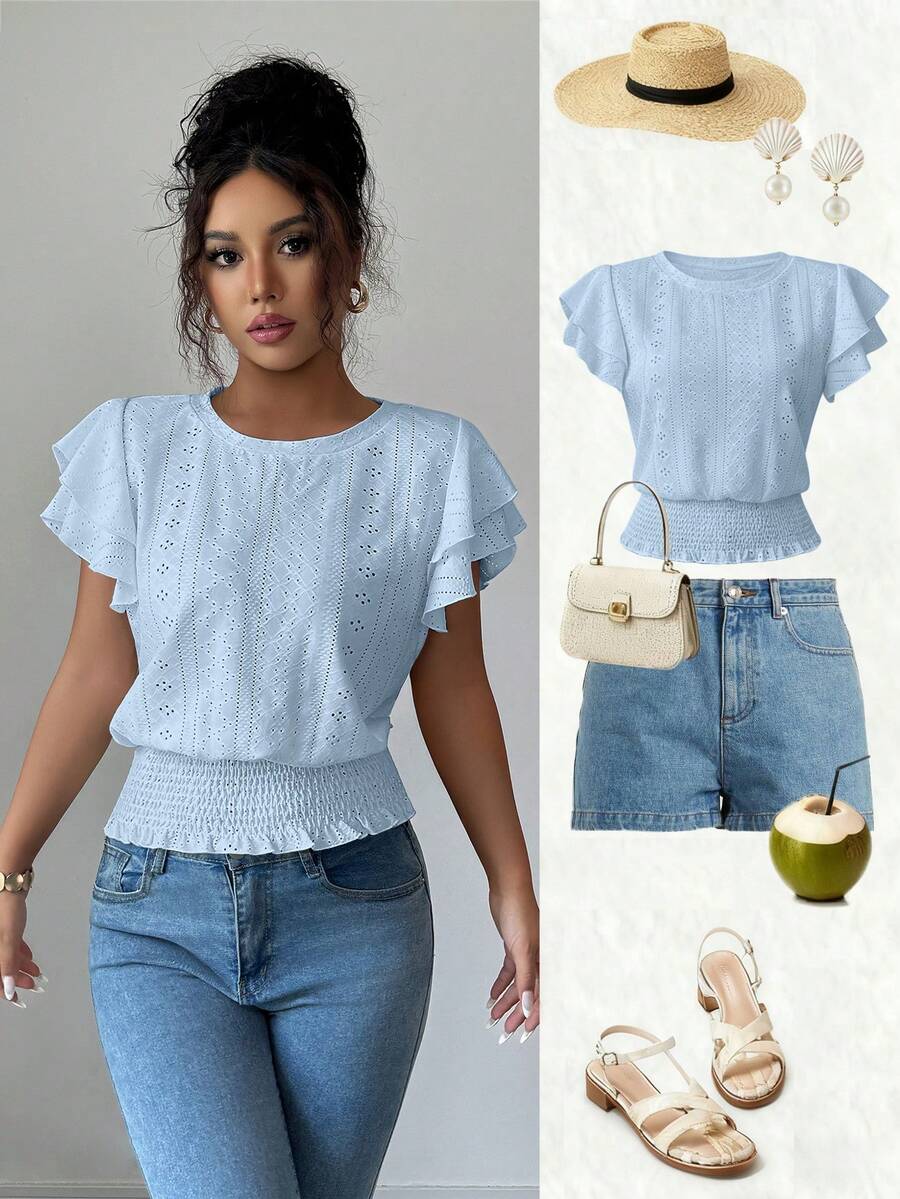 Elenzga Women's Summer Casual Vacation Jacquard Round Neck Ruffle Sleeve T-Shirt - Baby Blue - View 1