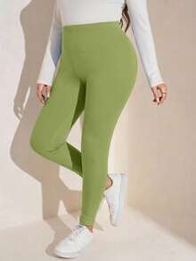 SHEIN LUNE Plus Size Women Solid Color Elastic Waist Casual Thermal Lined Leggings Knit Pants Green Pants For Women Lime Green Pants Green Clothes Green Leggings Women - Olive Green - View 3