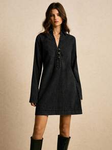 Poéselle 新款女士牛仔连衣裙，宽松长袖翻领套头连衣裙，秋冬装，女士秋季穿搭，冬季连衣裙，女士冬季连衣裙，圣诞节连衣裙，沙特国庆日连衣裙，新年服装，派对连衣裙，毕业礼服，女士正式连衣裙，深蓝色牛仔连衣裙 - 黑色 - 查看 6