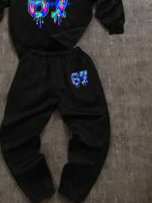 SHEIN Bộ 2 áo hoodie dài tay họa tiết "67" thường ngày cho bé trai tuổi teen, thời trang cổ điển, phong cách sành điệu, phong cách Mỹ cổ điển, lấy cảm hứng từ thể thao, mùa hè - màu đen - Xem 5