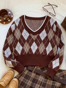 Muchica Sweater lengan panjang wanita berwarna cokelat, bergaya dan elegan dengan motif berlian dan kombinasi warna yang serasi, sempurna untuk dikenakan di musim gugur dan musim dingin. - MultiWarna - View 3