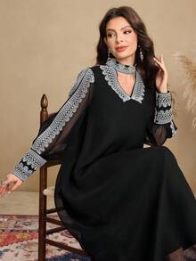SHEIN Najma Elegant Floral Lace Trim Sleeve Split Hem Women Dress Kaftan Jalabiya Dress - Black - View 7