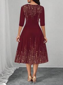 SHEIN Lady 女士亮面印花圆领短袖中长连衣裙 - 酒紅色 - 查看 2