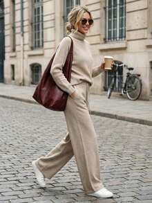 Pariaura New Oatmeal Ribbed Knit Set, High Neck Long Sleeve Top And Wide Leg Pants, Loose Relaxed Silhouette, Soft And Skin-Friendly Knit Fabric, Matching Tonal High-End Color, Relaxed Casual Vibe, Suitable For Loungewear, Commuting, And Effortless Styling Knit Two Piece Set Beige Two Piece Set Sweater Set Comfortable Two Piece Set Cream Two Piece Set - Camel - View 4