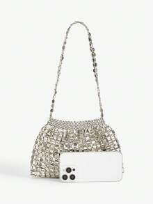 SHEIN BAE 1 件时尚奢华闪亮银色镂空扁平珠串珠包，带褶皱云朵女士单肩包，适合参加晚宴和时尚活动以及赠送朋友 - 銀色 - 查看 4