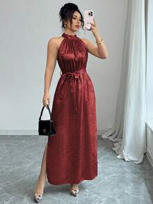 Elenzga Vestido de verano sin mangas con abertura lateral y cuello halter de tejido con lámina - Rojo - Ver 6