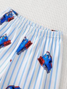 2pcs Young BoyCasual Striped Cartoon Car Print Cardigan Long Sleeve Pajama Set - Multicolor - View 6
