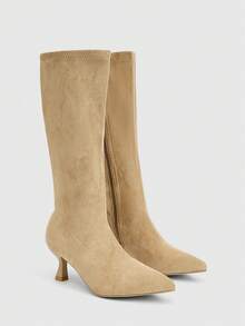 SHEIN BAE Herbst/Winter 2025 Neue Spitze Zehen Schlank Hoher Absatz Oberschenkel Hohe Stiefel, Knopf Patchwork Umkehrbares Design für Frauen - Khaki - Übersicht 3