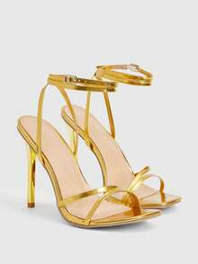 SHEIN BAE Giày cao gót thời trang nữ, Giày quai kim loại, Giày quấn quanh, Giày mũi vuông tối giản, Giày gót mạ vàng, Giày gót mỏng, Phong cách ngoài trời mùa hè, Giày màu vàng cho nữ - Vàng - Xem 3