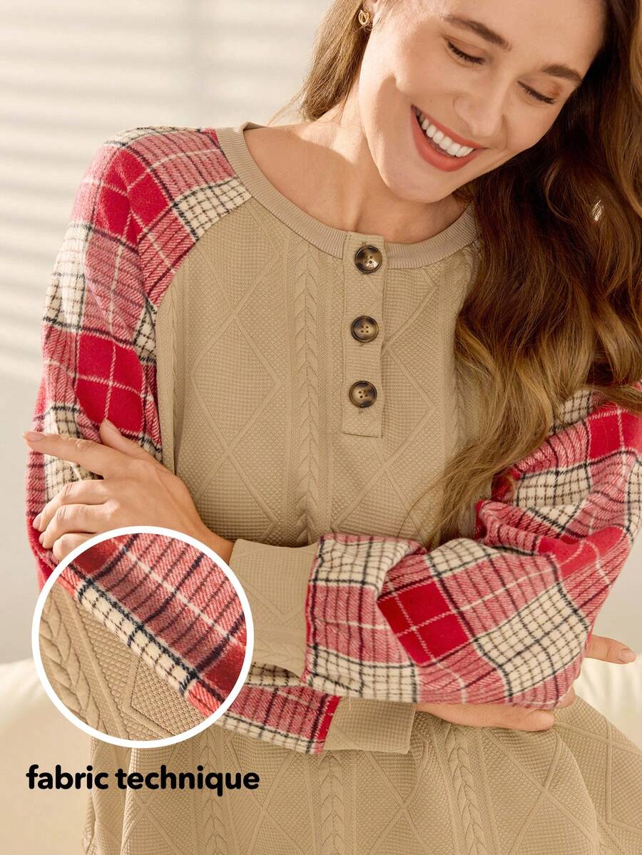 Momelise Plus Size Jacquard Plaid Patchwork Crew Neck Pullover Loose Casual Sweatshirt For Women - Khaki - View 1