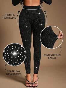 Radiana Quần legging nữ màu đen đính đá lấp lánh, co giãn cao, ôm sát, quyến rũ, thích hợp cho các buổi tiệc tùng, câu lạc bộ, lễ hội âm nhạc, Giáng sinh, Năm mới. - màu đen - Xem 1