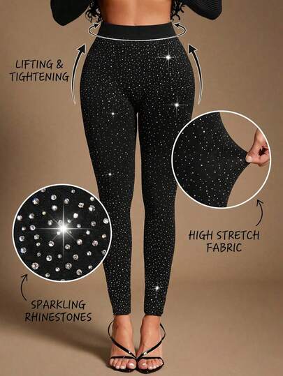 SHEIN SXY Plus Size Women's Sexy Glamorous Black Rhinestone Seamless High Stretch Leggings, Slim Fit Shiny Alluring Party, High Elasticity Fabric Hugs Body Curves, Suitable For Gatherings, Parties, Clubs, Nightlife, Music Festivals, Christmas, New Year's Eve, Holidays