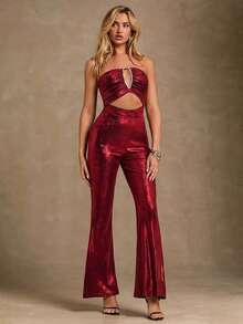 Glamine Bộ áo liền quần ống rộng cổ chữ V sâu đính đá lấp lánh cho nữ, trang phục dự tiệc gợi cảm màu đỏ cho nữ, bộ đồ hai mảnh màu đỏ cho nữ, trang phục đi club màu đỏ cho lễ hội, trang phục hai mảnh dự tiệc. - Màu Đỏ Sâu - Xem 4