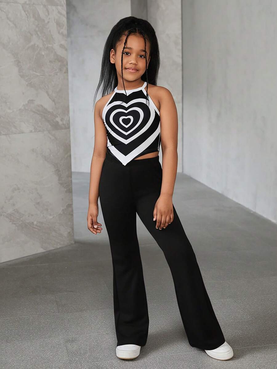 SHEIN Tween Girls Casual Basic Knit Sleeveless Halter Tank Top And Solid Color Flare Pants Set - Black - View 1