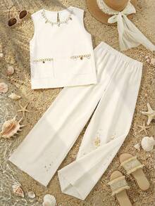 Sparklyn 少女休闲蕾丝边无袖上衣带口袋和直筒裤度假套装 - 白色 - 查看 11