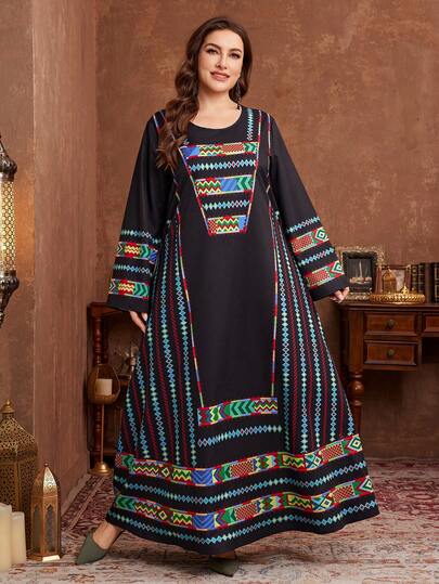 Al Najma Plus Size Women Long Sleeve Floral Print Casual Elegant Maxi Dress