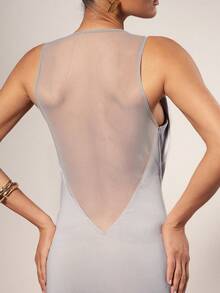 Hauture Women's Front Cowl Sexy Elegant Simple Back Mesh Design Maxi Dress - Light Grey - View 6