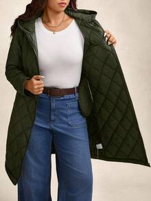 Zelara 大码女式远红外线棉质连帽拉链绗缝外套，黑色，秋冬季 - 軍綠色 - 查看 5