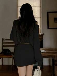 DAZY 女士露肩/不对称肩部修身迷你连衣裙，秋冬季款 - 黑色 - 查看 2