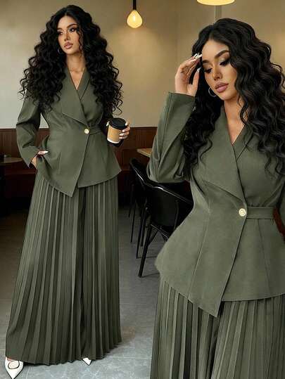 SHEIN Elenzya Plus Size Women Elegant Lapel V-Neck Long Sleeve Tie Waist Blazer Jacket & Straight Wide Leg Pleated Pants Set