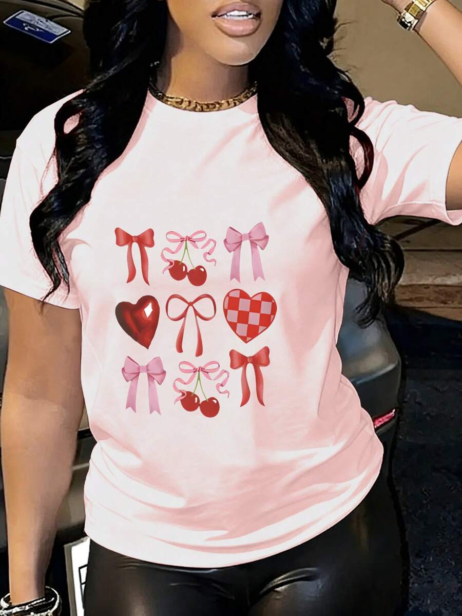 Ropa de mujer casual de manga corta, camiseta impresa, cuello redondo, ropa de mujer casual de verano elegante y cómoda - Rosa - Ver 1