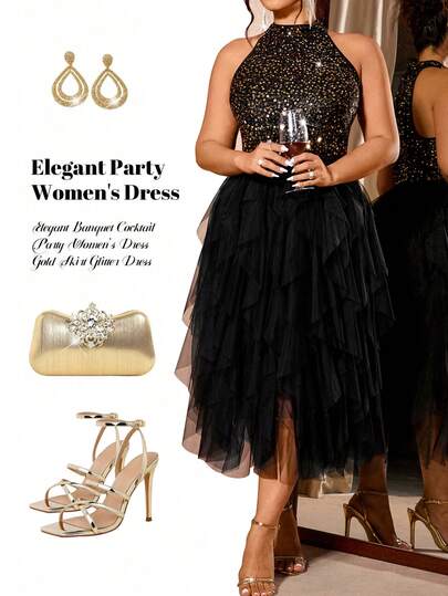 Cravure Plus Size Women's Sequin Patchwork Sleeveless Party Dress, Elegant For Parties