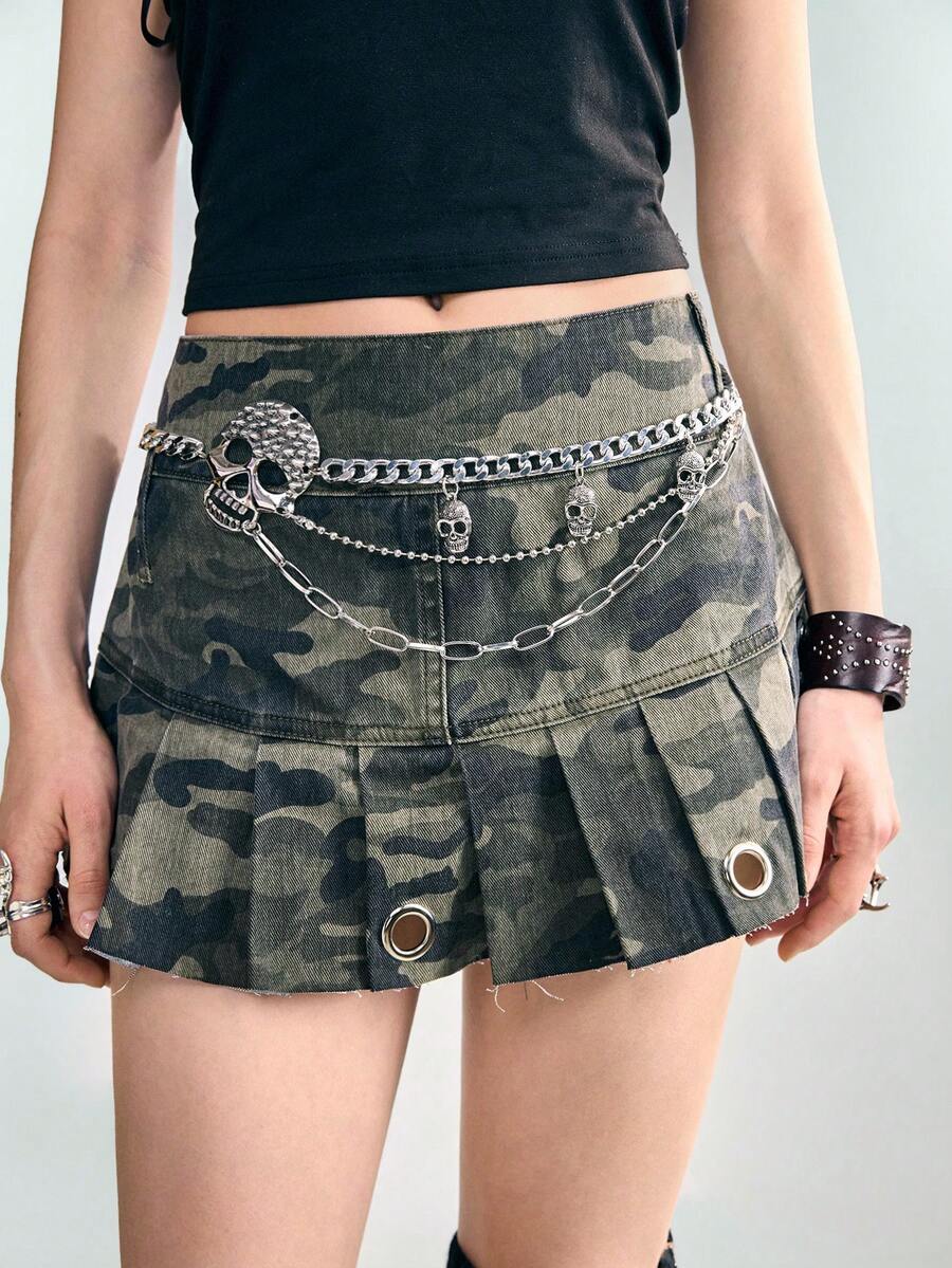 ROMWE Goth 1件女士哥特风银黑交叉多层链条腰链配饰，百搭日常、万圣节 - 銀色單邊鏈條腰帶 - 查看 1