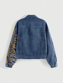 ROMWE Avant Áo khoác denim thêu 3D họa tiết hổ Trung Hoa phong cách đường phố cổ điển, dành cho cả nam và nữ - Rửa tối - Xem 2