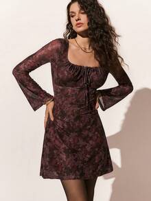 Poéselle Women's Floral Mesh Flocked Square Collar Mini Skirt Dress - Burgundy - View 5