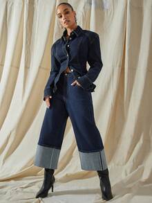 Vixey 女士翻领单排扣时尚百搭日常通勤长袖牛仔衬衫 - 深色水洗藍 - 查看 3