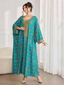 Al Najma Váy Maxi Thổ Nhĩ Kỳ rộng rãi, thường ngày, họa tiết hoa cổ điển, viền vàng, chắp vá dành cho nữ - màu xanh lá - Xem 6