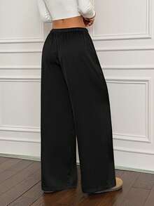 SHEIN PETITE Váy dài màu nâu marl đa năng, chất liệu satin cổ điển, lưng thấp dành cho nữ - màu đen - Xem 2