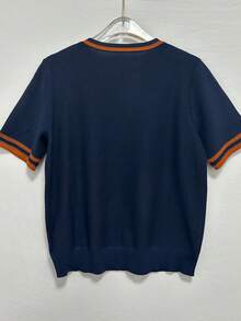 SHEIN Unity Women's Striped Round Neck Casual Oversized Short Sleeve Sweater - Royal Blue - View 2