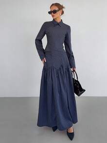 Siren Gaze Navy Blue Striped Commuter Shirt And Skirt Set, Autumn/Winter Elegant Pleated Skirt Set Spring - Navy Blue - View 1
